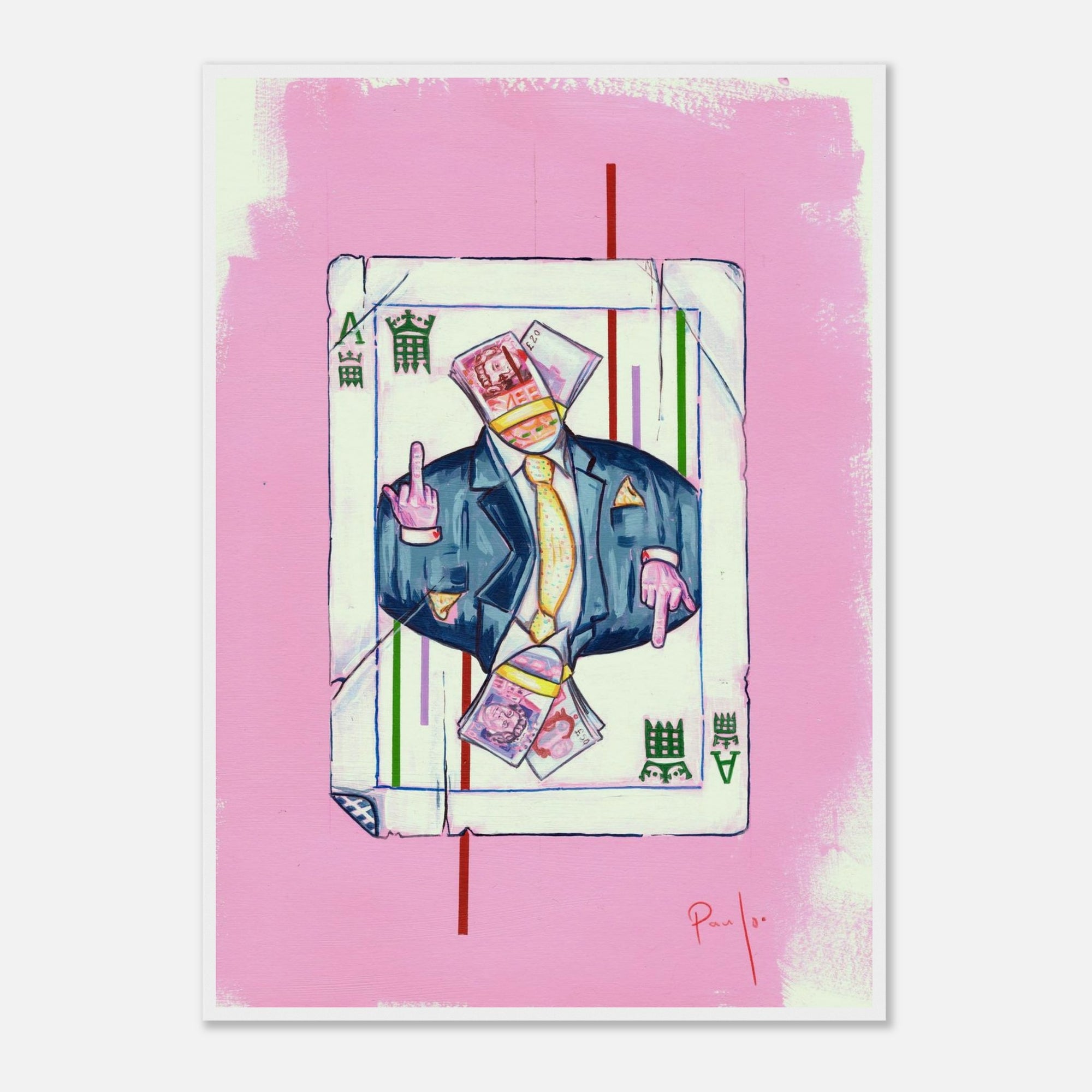 Illustration of a character in a suit and money hat on a playing card with a pink border