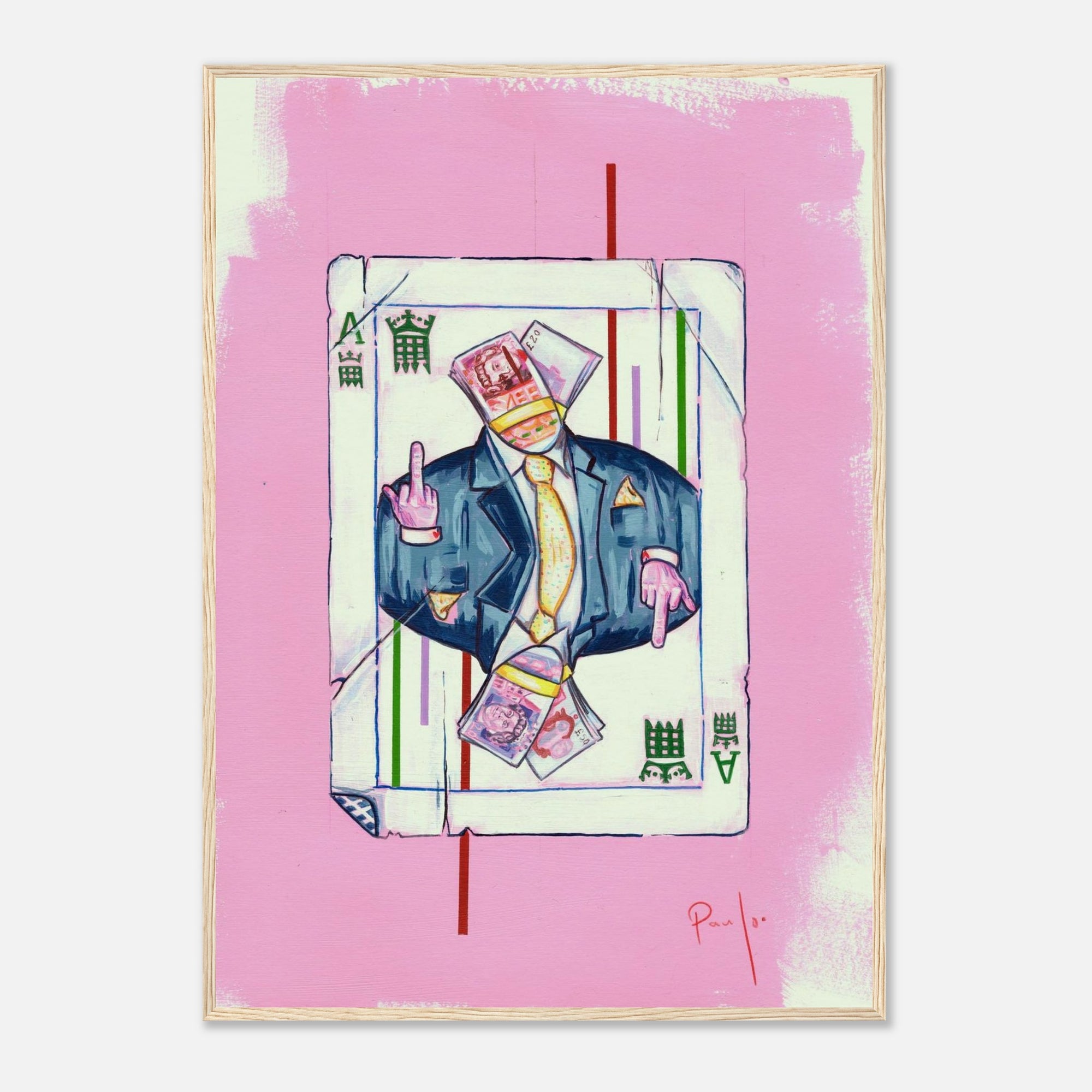 Framed artwork of a card with a person wearing a hat and suit on a pink background