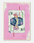 Framed artwork of a card with a person wearing a hat and suit on a pink background