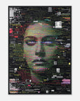 Futuristic poster with a stylized face and digital text on a black background