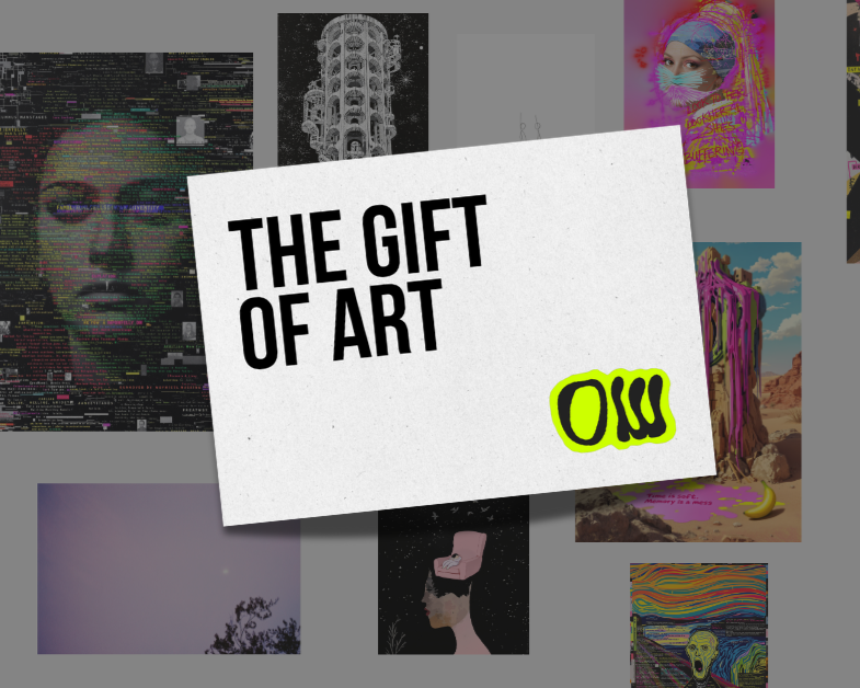 Collage of various artworks with a prominent 'The Gift of Art' sign.