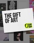 Collage of various artworks with a prominent 'The Gift of Art' sign.