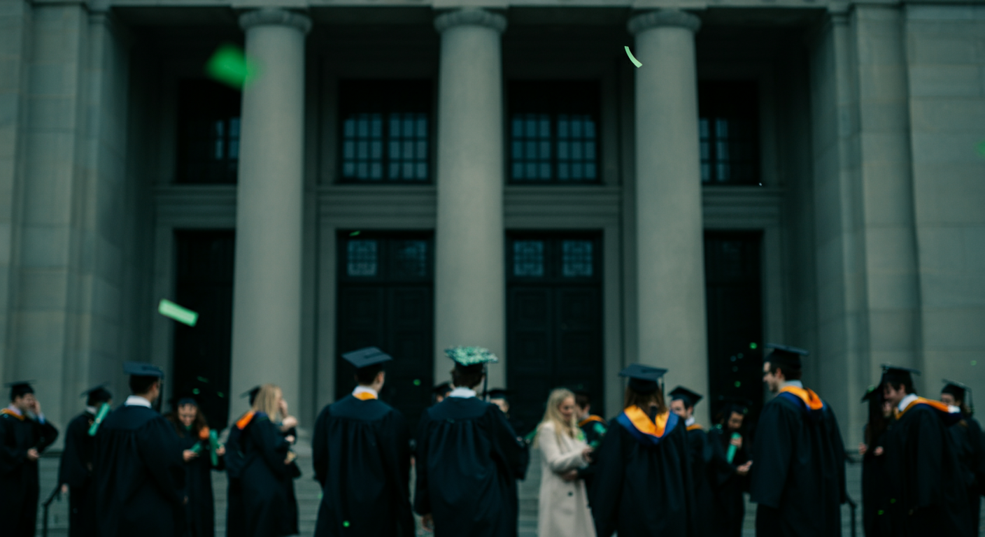 Graduates in caps and gowns standing in front of a university building with columns.