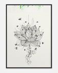 Framed artwork of a black and white lotus flower with insects on a light gray background