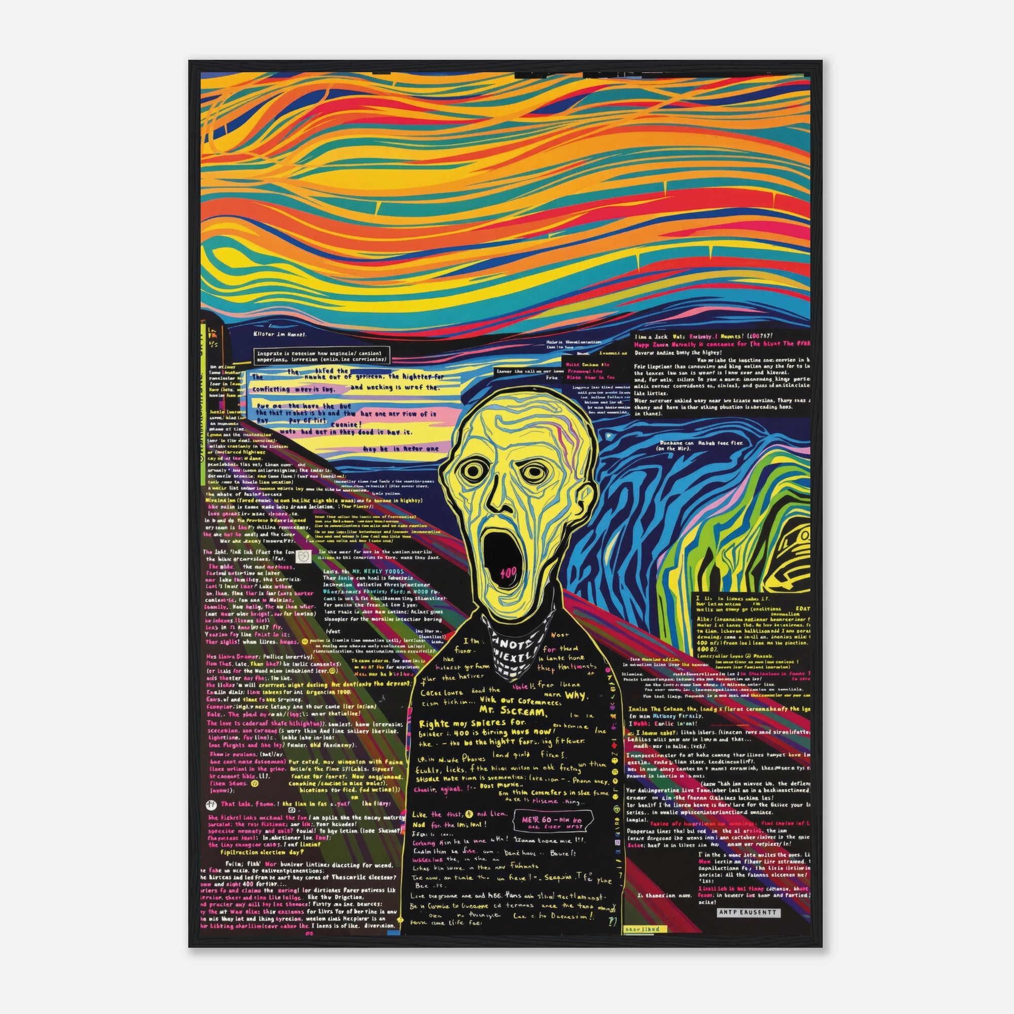 Surreal scene of The Scream with colorful dripping face and text on a white background