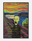 Surreal scene of The Scream with colorful dripping face and text on a white background