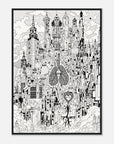 Black and white illustration of a cityscape with anatomical heart and lungs design, framed.