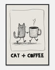Framed artwork with a black and white illustration of a cat and coffee cup holding hands, with 'Cat + Coffee' text below.