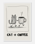 Illustration of a cat and a coffee cup holding hands with 'Cat + Coffee' text on a white background.