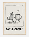 Framed artwork with a cartoon cat and coffee cup holding hands, labeled 'Cat + Coffee'.