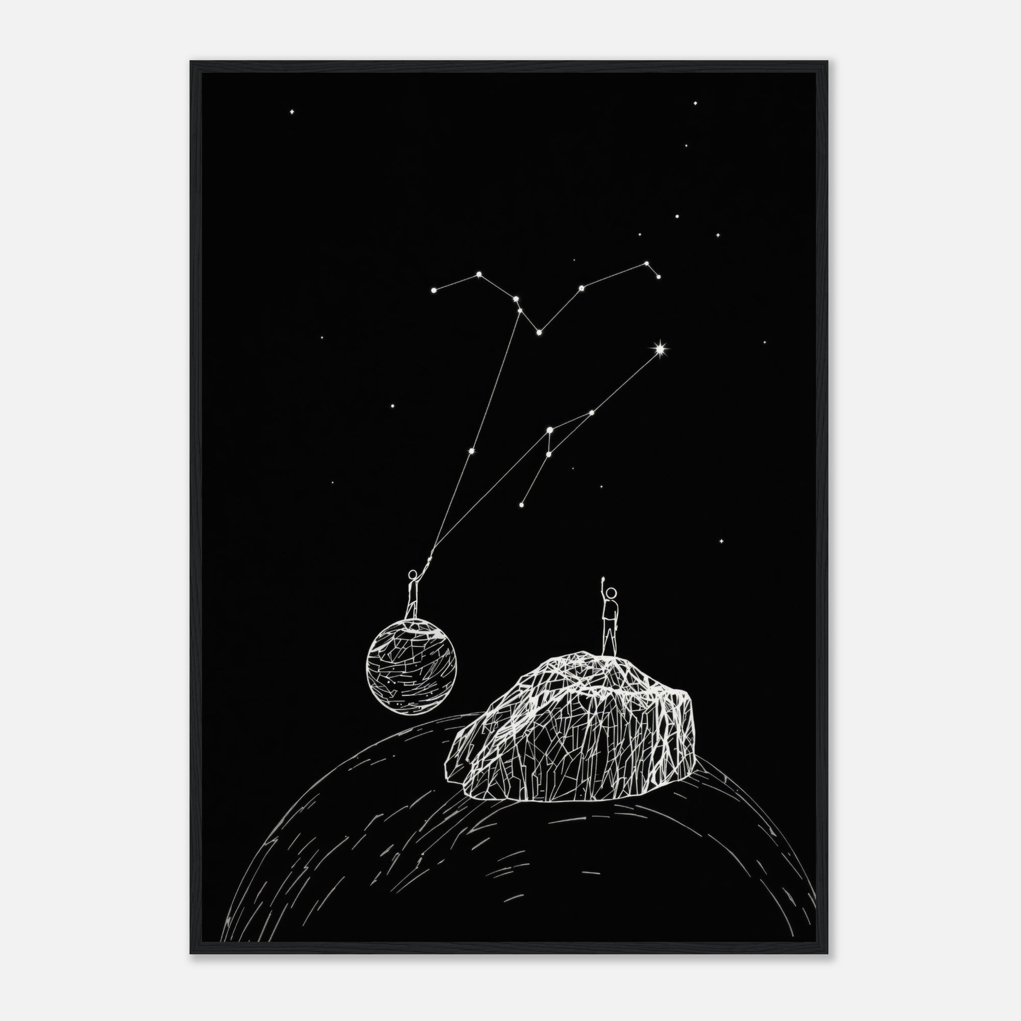 Black and white illustration of two people on a rock observing a constellation in the night sky.