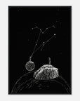 Black and white illustration of two people on a rock observing a constellation in the night sky.