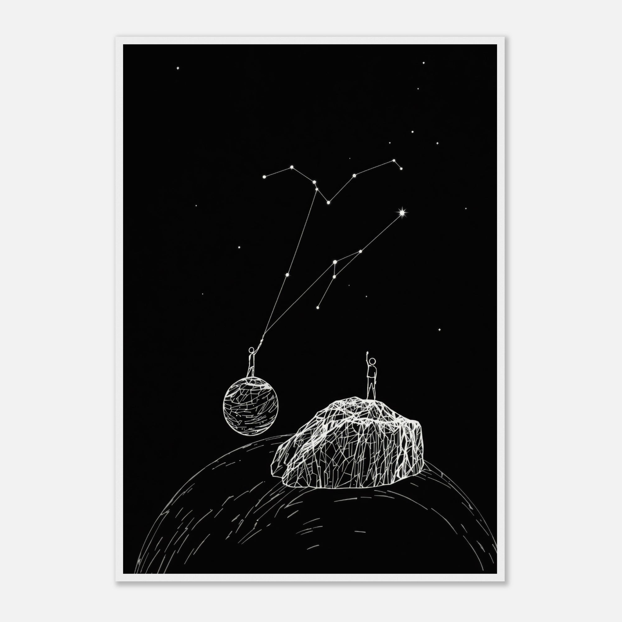 Illustration of a person on a rock with a string attached to a moon-like object against a starry night sky.