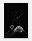 Illustration of a person on a rock with a string attached to a moon-like object against a starry night sky.