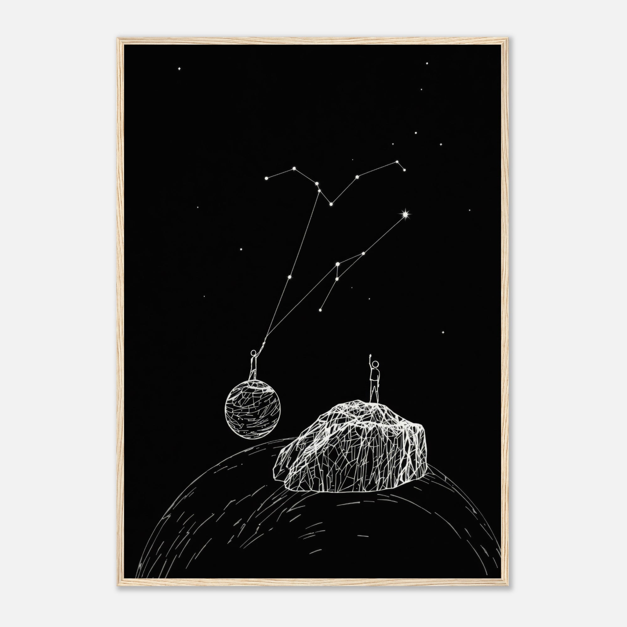 Framed artwork of a person on a rock looking at a constellation in the night sky.