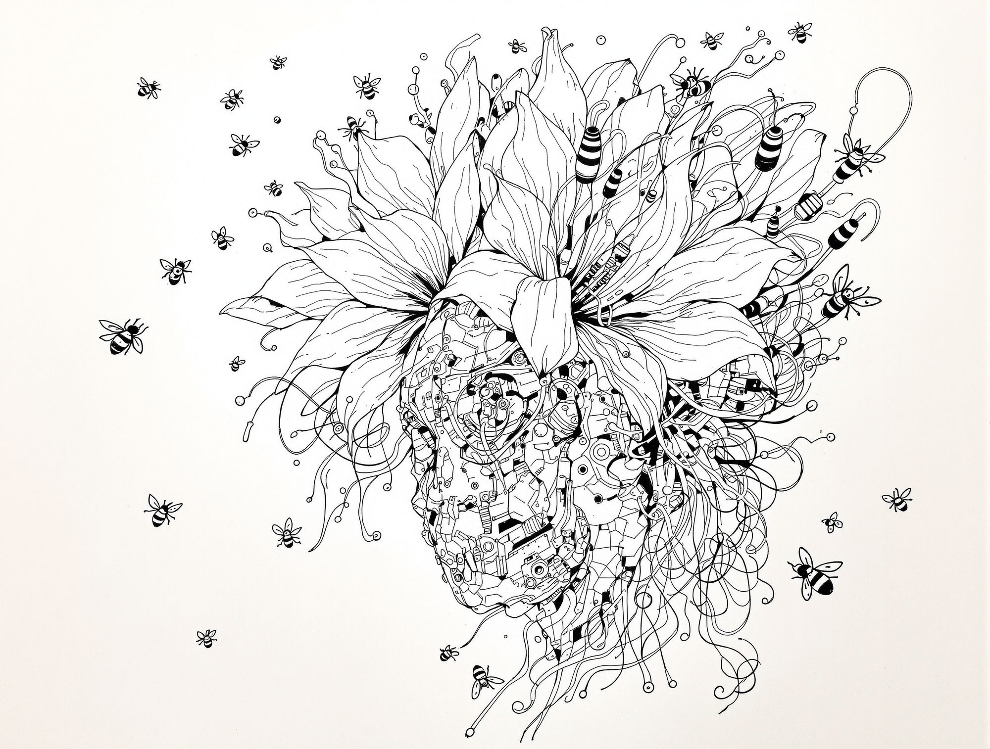 Black and white intricate floral design with bees on a white background