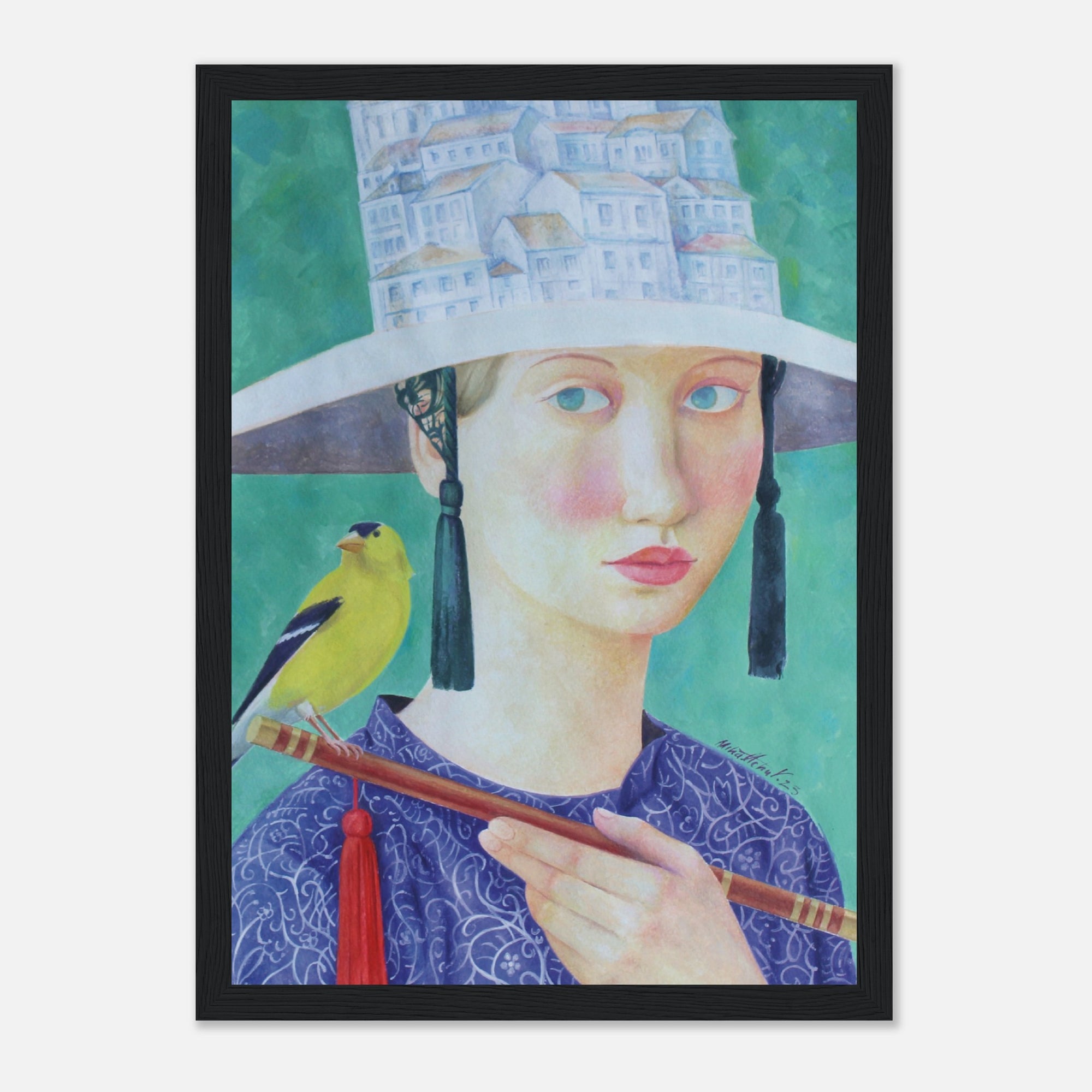 Framed artwork of a woman with a large hat and a bird on a perch against a green background.