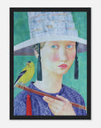 Framed artwork of a woman with a large hat and a bird on a perch against a green background.
