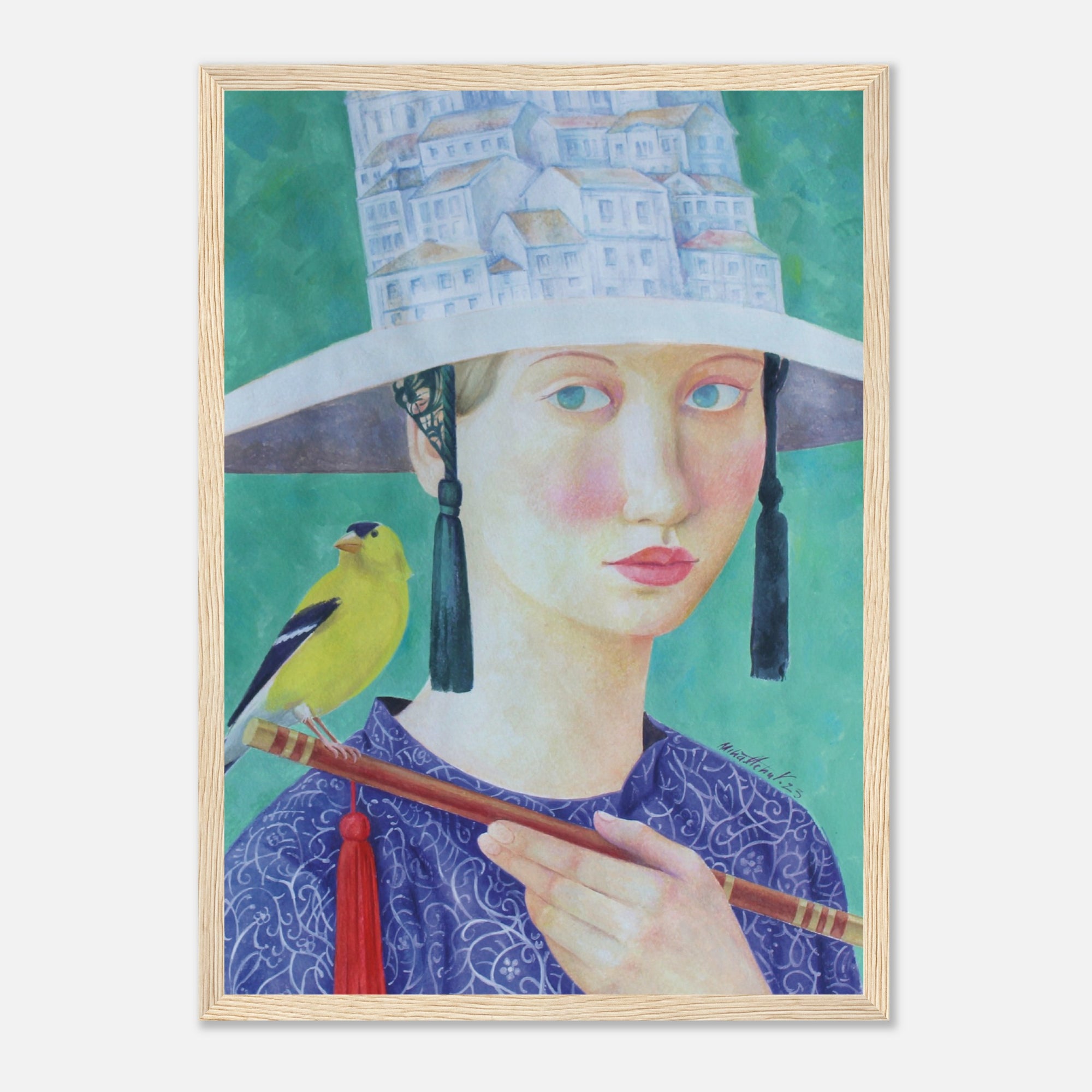 Framed artwork of a woman in a decorative hat with a bird on a staff against a green background