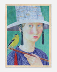 Framed artwork of a woman in a decorative hat with a bird on a staff against a green background
