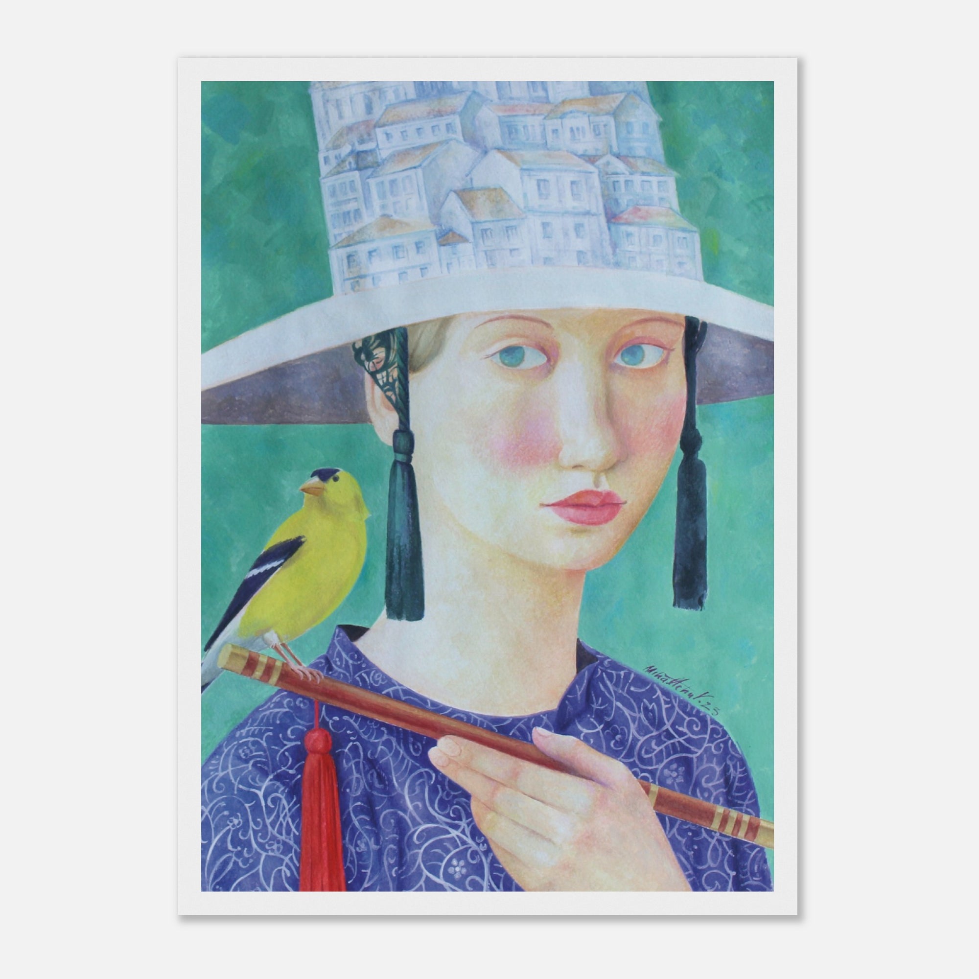 Artistic depiction of a person wearing a decorative hat with tassels, holding a yellow bird and a staff, against a green background.