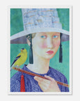 Artistic depiction of a person wearing a decorative hat with tassels, holding a yellow bird and a staff, against a green background.