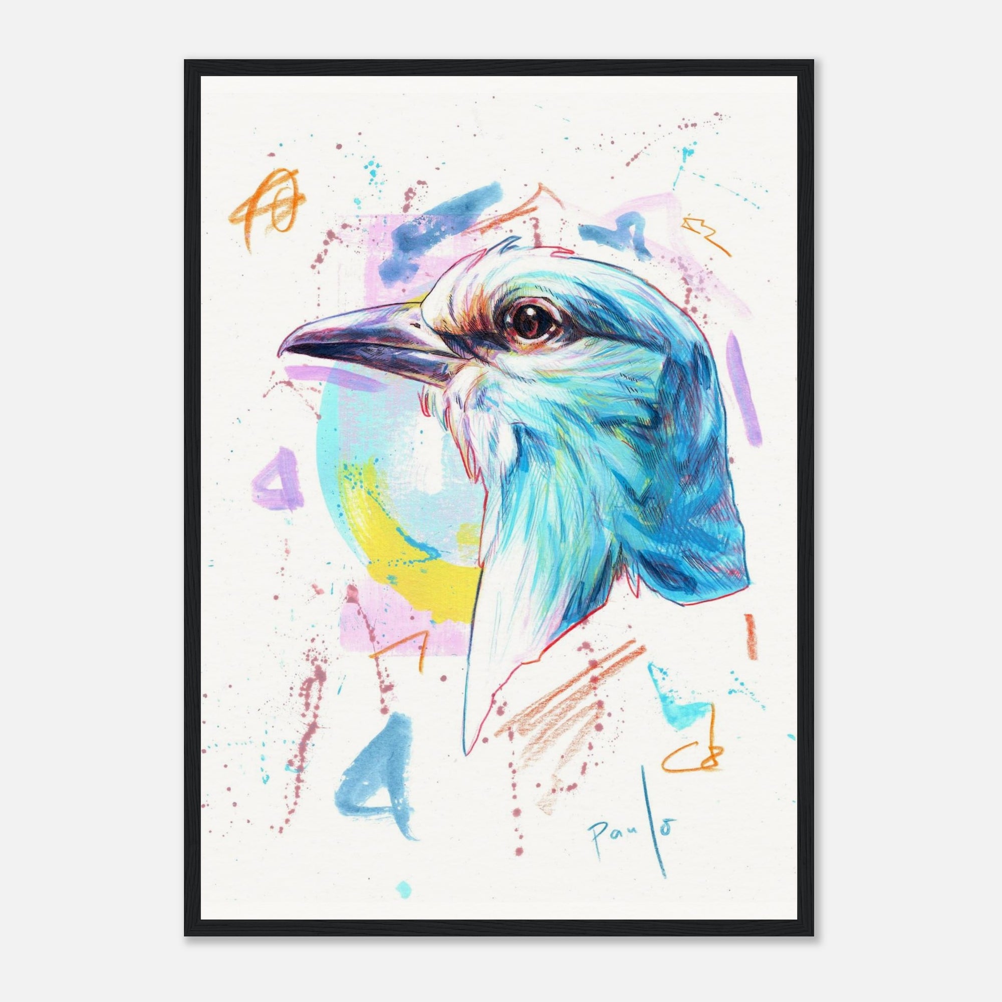 Framed art print of a colorful bird painting with abstract splashes on a white background