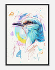 Framed art print of a colorful bird painting with abstract splashes on a white background
