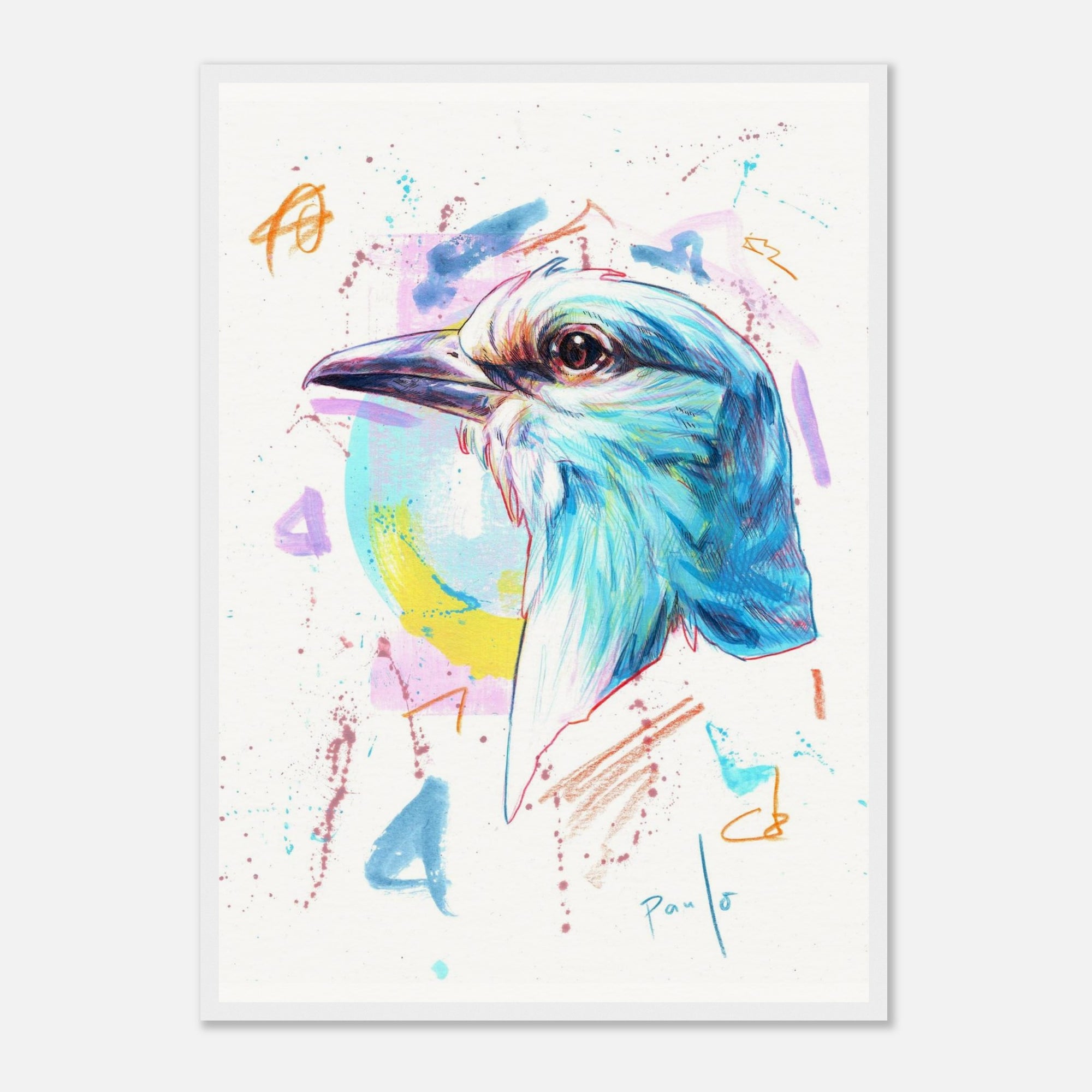 Framed art print of a colorful bird illustration with abstract watercolor background
