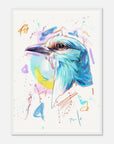 Framed art print of a colorful bird illustration with abstract watercolor background