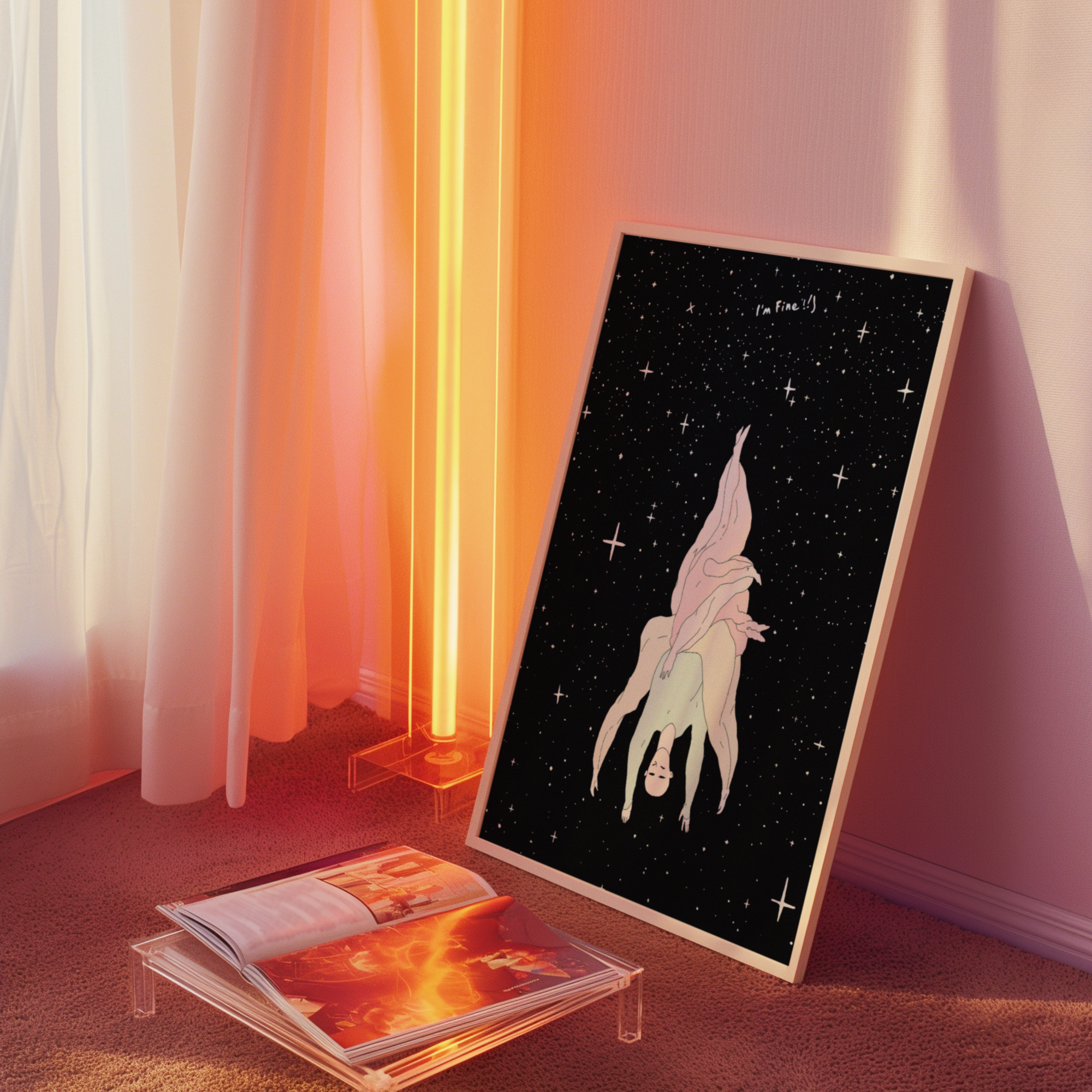 Framed wall art with a starry night sky, placed on the floor with a magazine next to it.