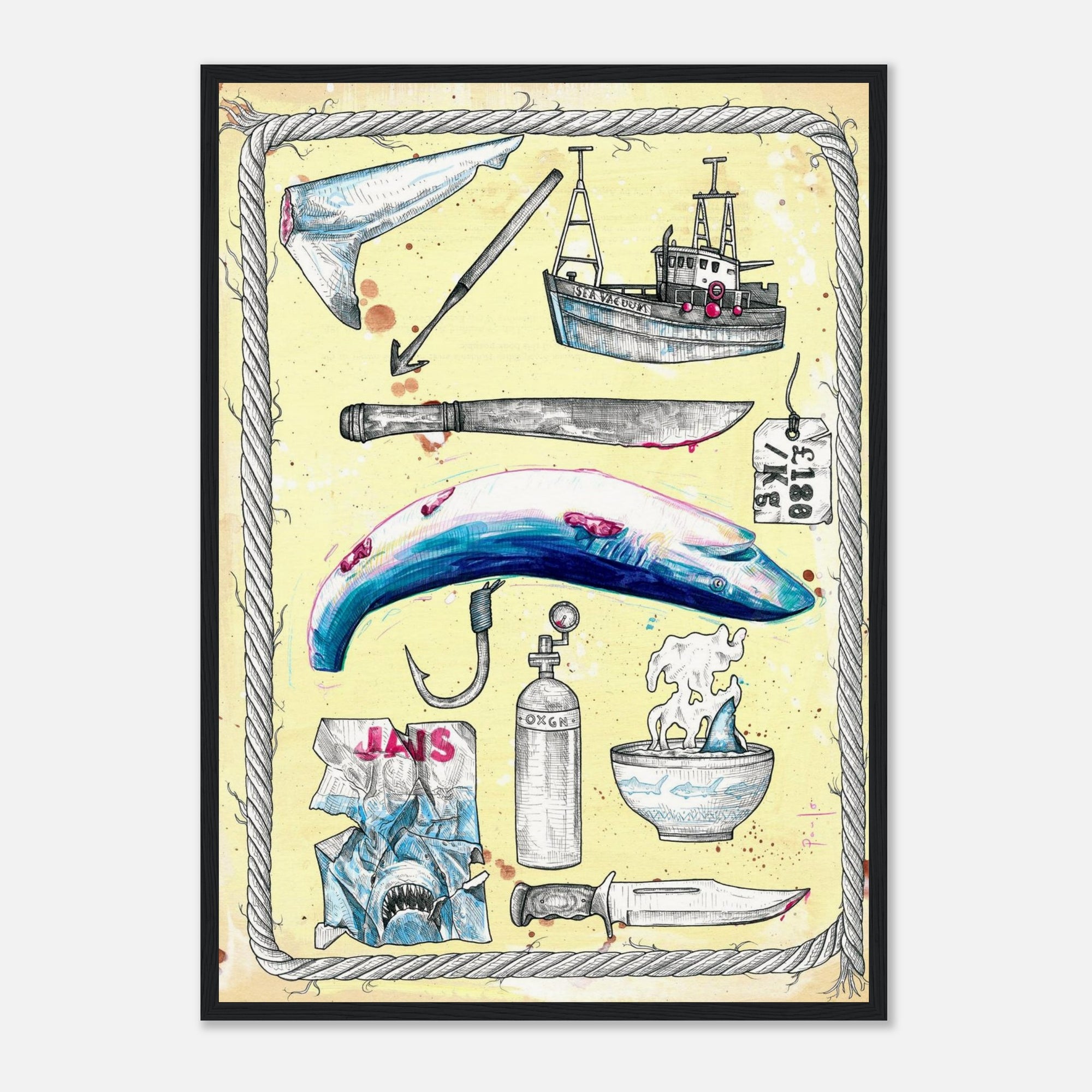 Illustrated poster with various items including a boat, knife, and whale on a yellow background.