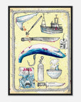 Illustrated poster with various items including a boat, knife, and whale on a yellow background.