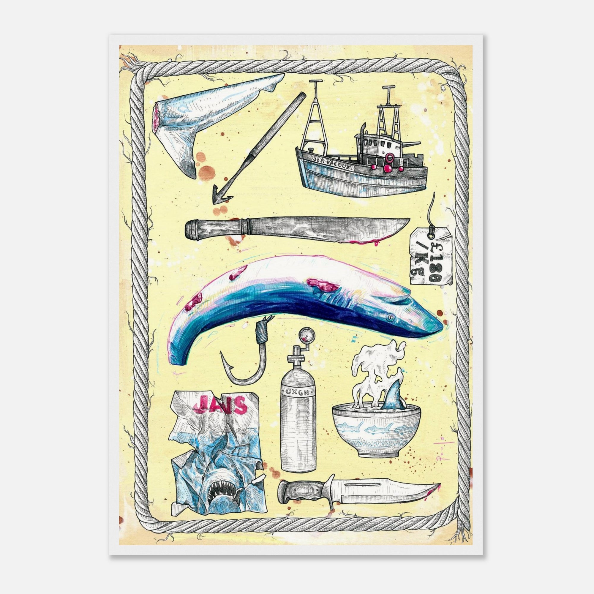 Illustrated poster with various items including a boat, knife, and whale on a yellow background.