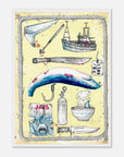 Illustrated poster with various items including a boat, knife, and whale on a yellow background.