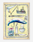 Illustrated poster with various sea-themed items including a boat, knife, and whale on a yellow background.