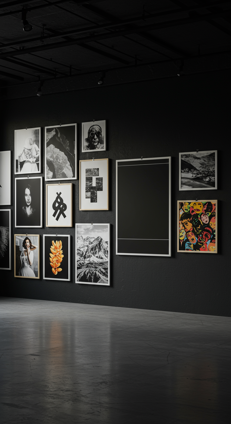 An art gallery with dark floors, black wall with art prints displayed