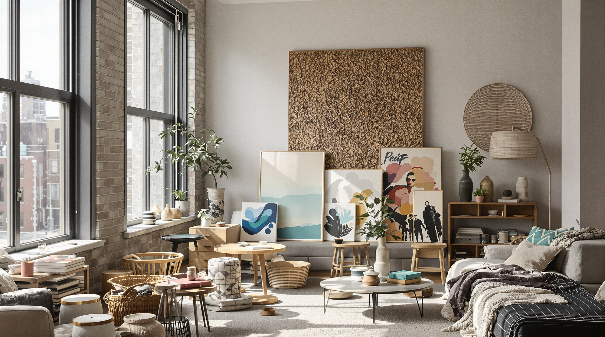 Modern living room with large windows, decorative items, and a cozy atmosphere.