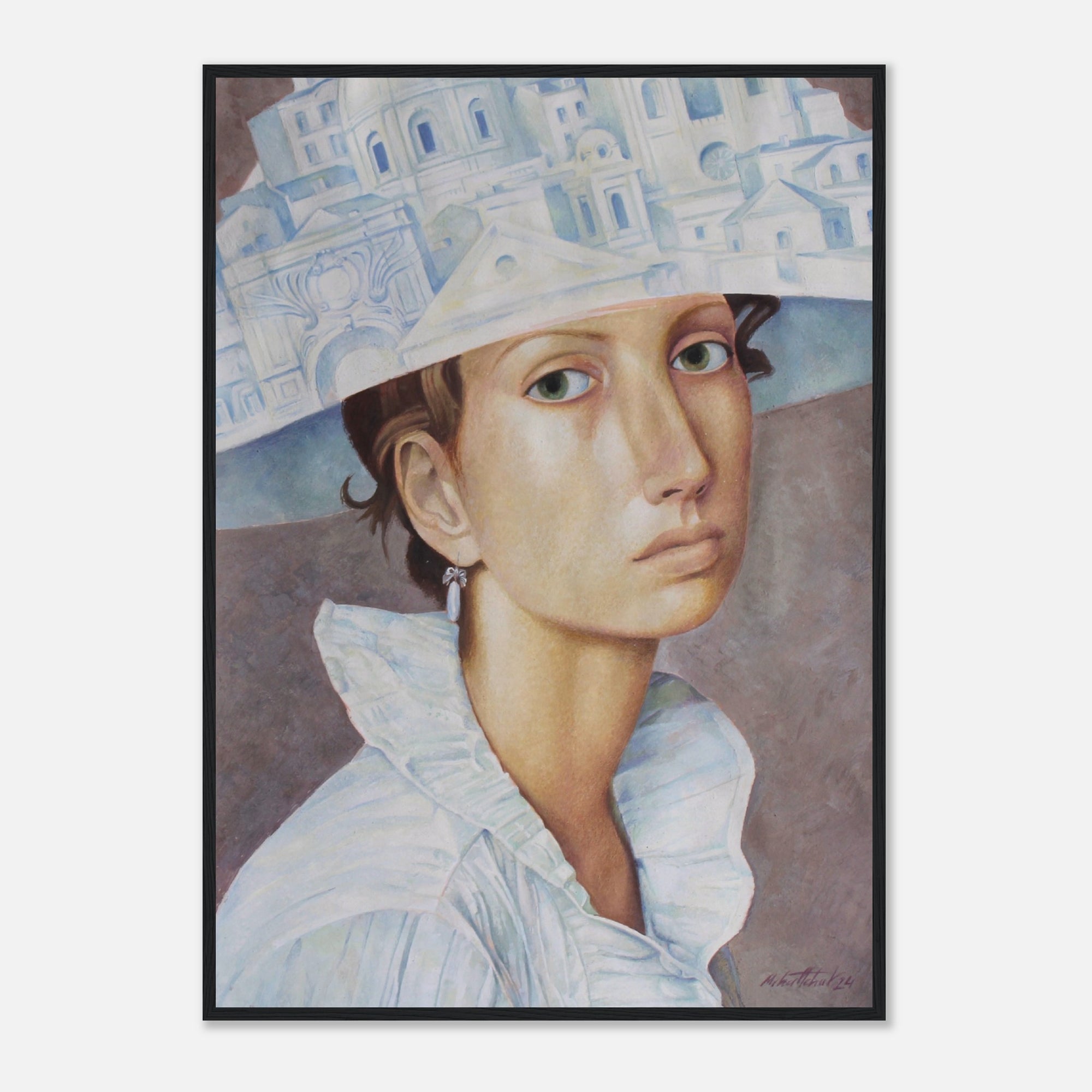 Framed artwork of a person wearing a decorative hat with architectural patterns on a white background.