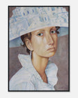 Framed artwork of a person wearing a decorative hat with architectural patterns on a white background.