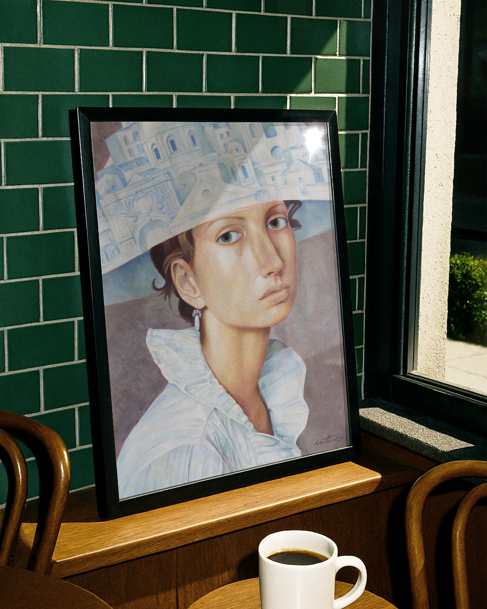 Framed portrait of a woman on a wooden surface with a cup of coffee and green tiled wall in the background.