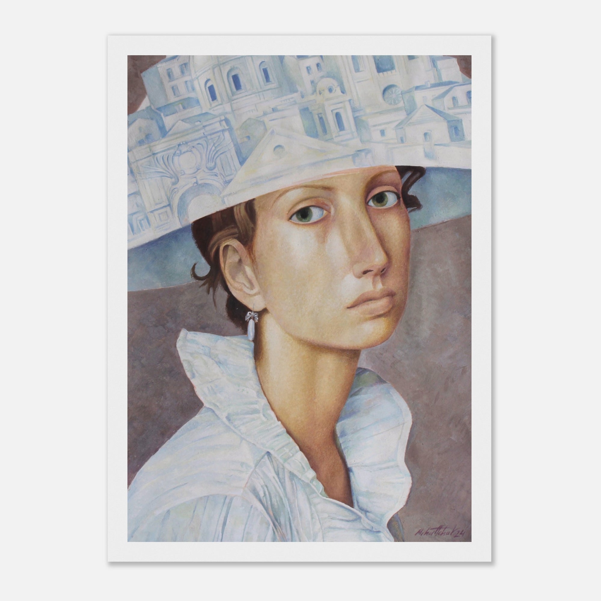 Framed artwork of a woman wearing a decorative hat with architectural patterns.
