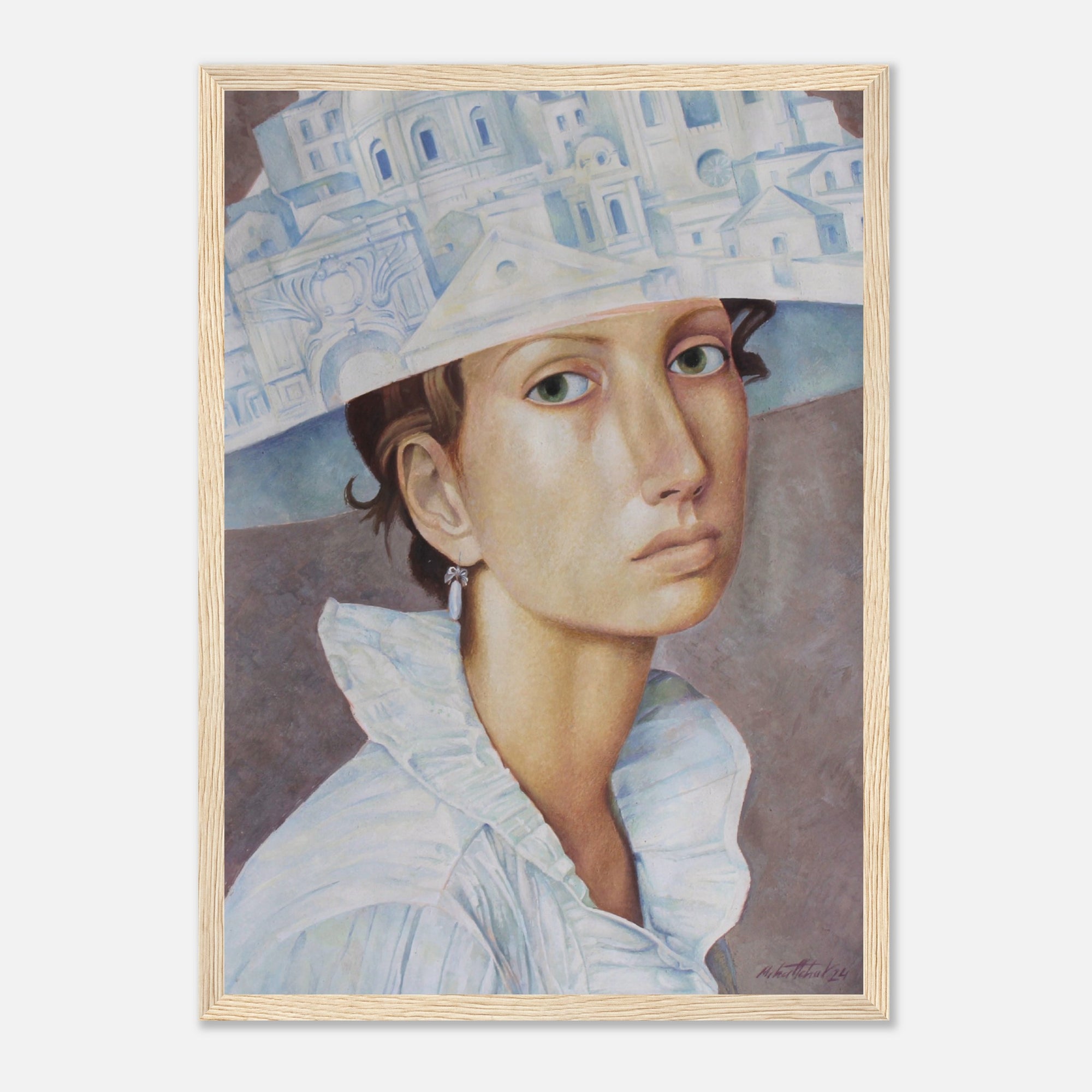 Framed artwork of a woman wearing a decorative hat on a white background