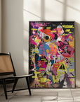 Colorful abstract Guernica art poster on a wall next to a chair