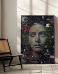Futuristic poster with a stylized face design in a room with a chair and light-colored walls.