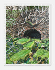 Art print of a tunnel surrounded by greenery and stone walls.