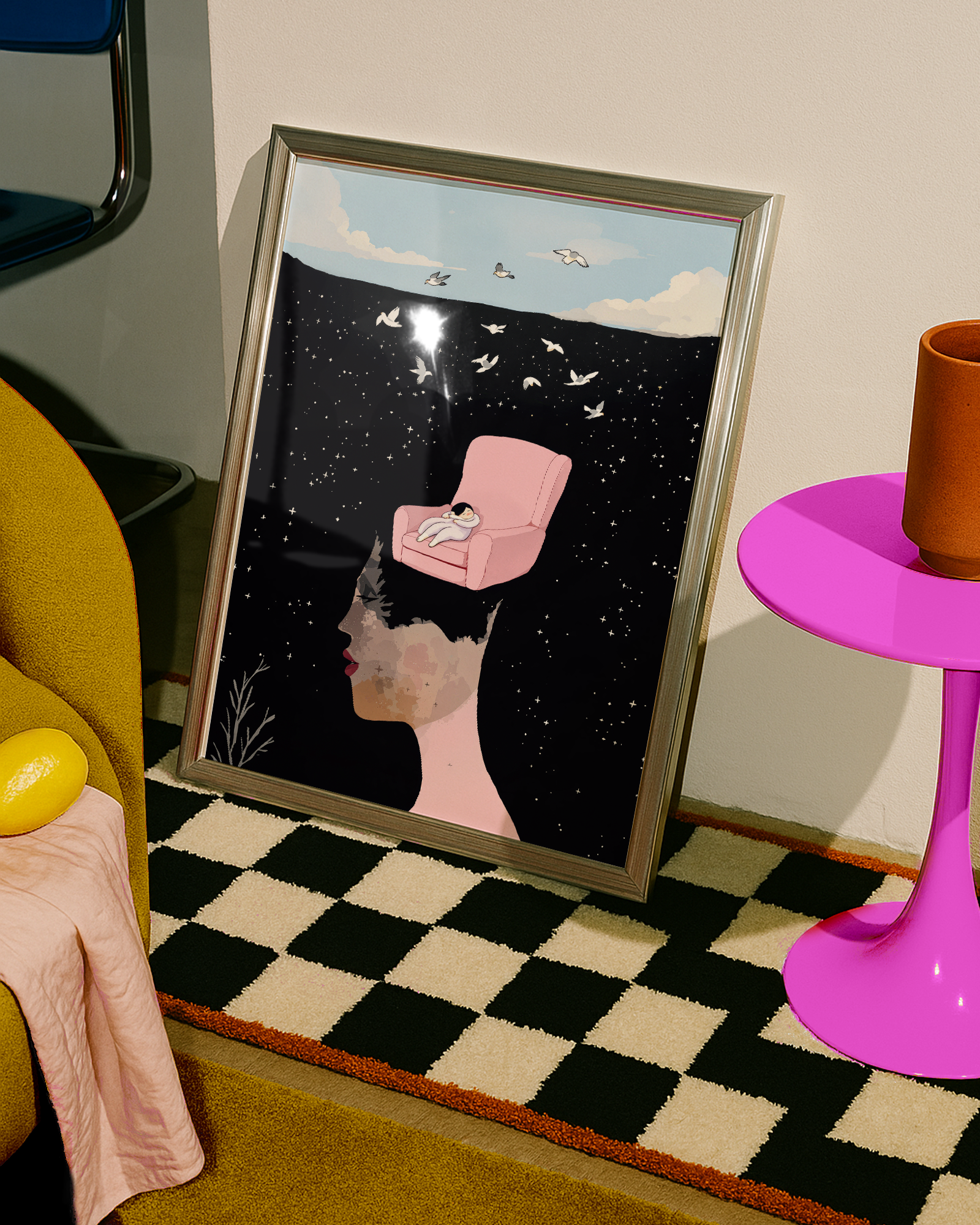 Framed artwork of a woman with a pink chair on a checkered floor.