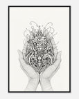 Framed black and white artwork of hands holding a floral design on a white background