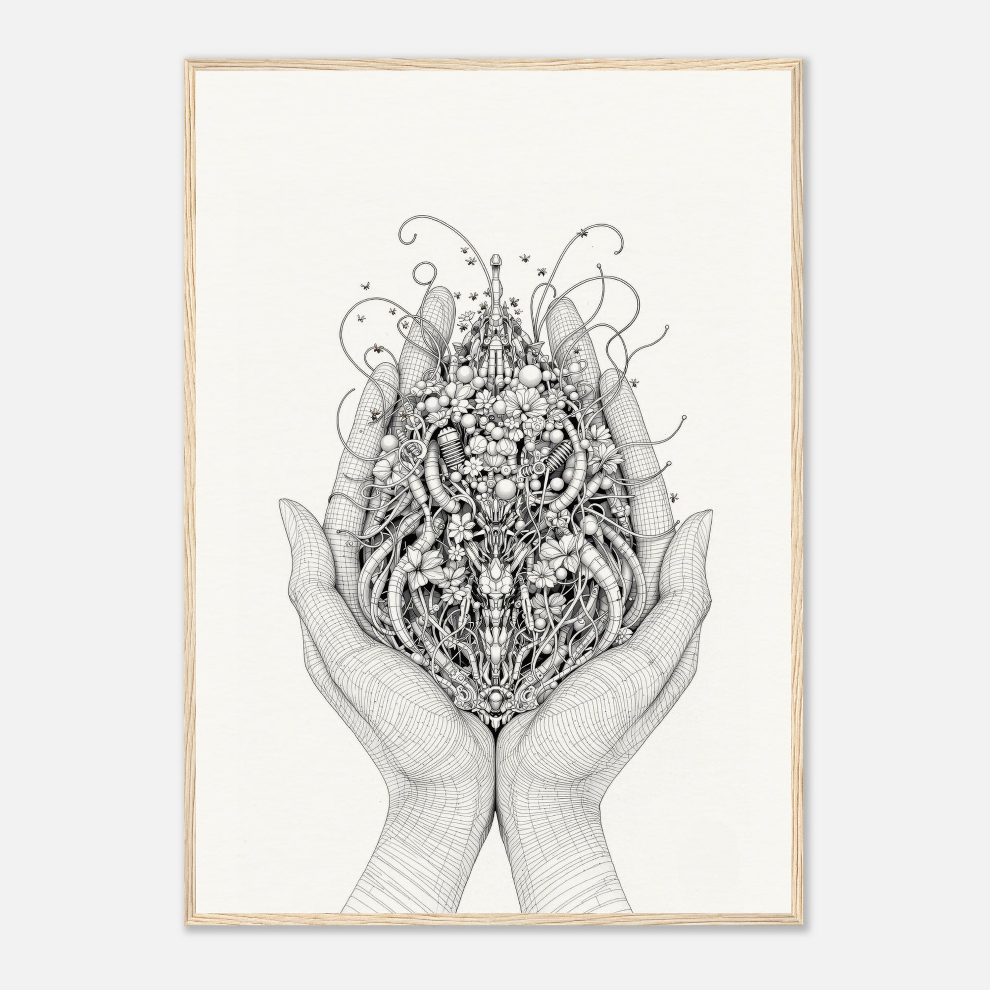 Framed artwork of hands holding a detailed floral design on a white background