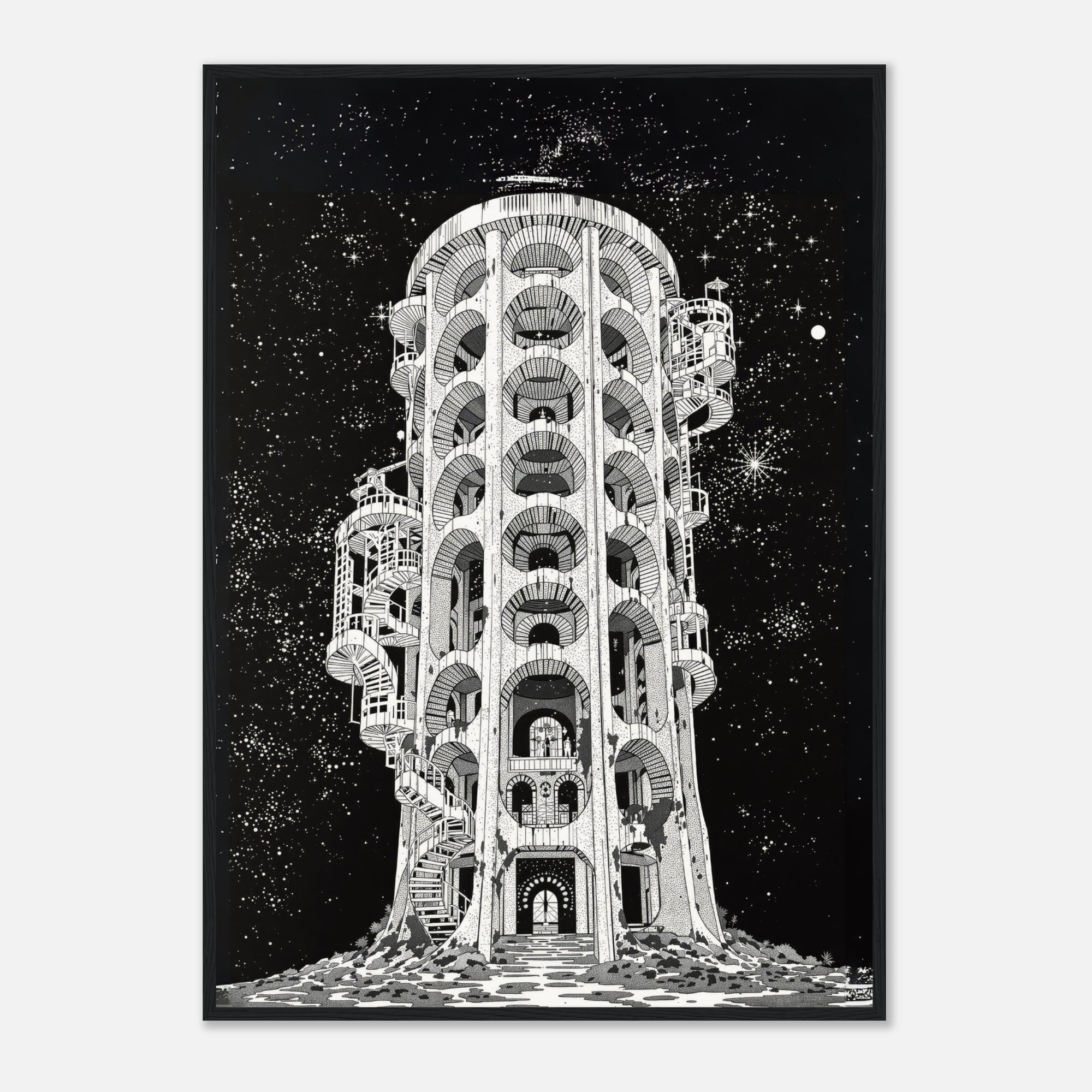 Framed architectural art print on a black background